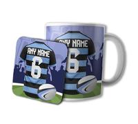AK Giftshop Personalised Rugby Mug and Coaster Gift Set, 320ml Ceramic Cup, Sports Jersey Design with Name & Number On Shirt (Cardiff)