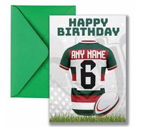 AK Giftshop Personalised Rugby Shirt Birthday Card, Leicester Tigers Jersey Colours, A5 Size, with Green Envelope