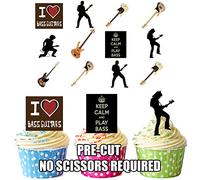 AK Giftshop PRE-CUT Bass Guitar and Players Silhouette Party Pack Mix - Edible Cupcake Toppers/Cake Decorations (Pack of 12)
