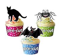 AK Giftshop PRE-CUT Cats, Bats and Spiders - Edible Halloween Cupcake Toppers/Cake Decorations (Pack of 12)