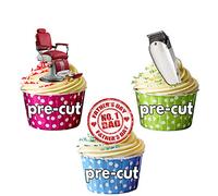 AK Giftshop PRE-CUT Father's Day Barber Themed Cake Decorations - Edible Stand-up Cup Cake Toppers (pack of 12)
