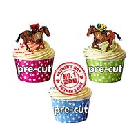 AK Giftshop PRE-CUT Father's Day Horse Racing Cake Decorations - Edible Stand-up Cup Cake Toppers (pack of 12)