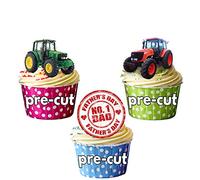 AK Giftshop PRE-CUT Father's Day Tractor Cake Decorations - Edible Stand-up Cup Cake Toppers (pack of 12)