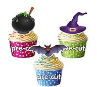 AK Giftshop PRE-CUT Halloween Edible Cupcake Toppers - Witch Hats, Cauldrons, Bat Mix (Pack of 12)