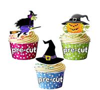 AK Giftshop PRE-CUT Halloween Edible Cupcake Toppers - Witch Hats, Cauldrons, Pumpkin Mix (Pack of 12)