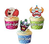 AK Giftshop PRE-CUT Halloween Scary Clown Faces Party Pack Edible Cupcake Toppers/Cake Decorations (Pack of 36)