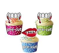 AK Giftshop PRE-CUT Halloween Vampire Teeth/Lips/Blood Mix - Edible Cupcake Toppers/Cake Decorations (Pack of 12)