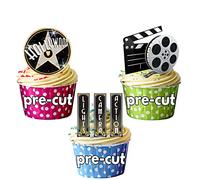 AK Giftshop PRE-CUT Hollywood Lights Camera Action! Cake Decorations - 12 Edible Stand-up Cupcake Toppers
