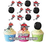 AK Giftshop PRE-CUT Ice Hockey Player & Puck Mix - Edible Cupcake Toppers/Cake Decorations (Pack of 12)