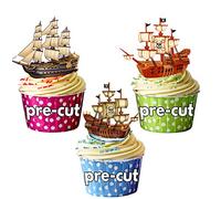 AK Giftshop PRE-CUT Pirate Ships Mix - Edible Cupcake Toppers/Cake Decorations (Pack of 12)