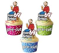 AK Giftshop PRECUT Beer Drinker - Men's 69th Birthday - Edible Cupcake Toppers/Cake Decorations (Pack of 12)