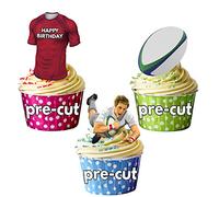 AK Giftshop PRECUT Happy Birthday Rugby Party Pack - Edible Cupcake Toppers/Cake Decorations Munster Colours (Pack of 12)