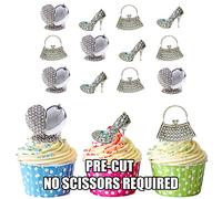 AK Giftshop Precut Novelty Bling Silver Handbag, Shoe and Necklace Mix - 36 Cup Cake Toppers - Edible Stand Up Decorations