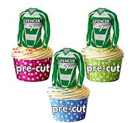 AK Giftshop PRECUT Personalised Edible Football Shirts With Your Chosen NAME & NUMBER - Cupcake Toppers/Cake Decorations Green and White Striped Kit Shirt (Pack of 24)