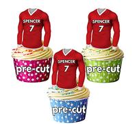 AK Giftshop PRECUT Personalised Edible Football Shirts With Your Chosen NAME & NUMBER - Cupcake Toppers/Cake Decorations Red Shirt Top (Pack of 24)