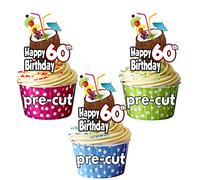 AK Giftshop PRECUT Tropical Coconut Cocktail Hawaiian Hula 60th Birthday - Edible Cupcake Toppers/Cake Decorations (Pack of 12)