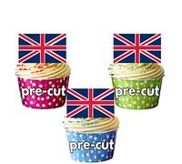 AK Giftshop PRECUT Union Jack Great Britain British Flag Cake Decorations - 12 Edible Cup Cake Toppers