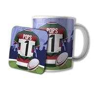 AK Giftshop Rugby Pops Mug and Coaster Gift Set, 320ml Ceramic Cup, Sports Jersey Design (Leicester)