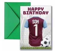 AK Giftshop Son Football Birthday Card, Jersey Shirt Design, A5 Size, with Green Envelope - CUSTOM WITH ANY NUMBER (WEST HAM COLOURS)