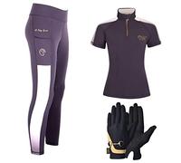 AK Rainbow Pull on High Waisted Breathable Horse Riding Tights/Leggings/Breeches with Full seat Silicon Grip AKRS 6058 (2XL, Bundle Offer (All in One) Black/Gold)