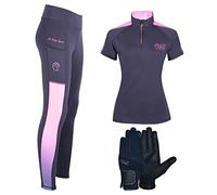AK Rainbow Pull on High Waisted Breathable Horse Riding Tights/Leggings/Breeches with Full seat Silicon Grip AKRS 6058 (2XS, Bundle Offer (All in One) Navy/Pink)