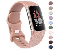 AK Sport Band Compatible with Fitbit Charge 6 / 5 Bands, Classic Soft Replacement Straps Wristbands for Fitbit Charge 6 / 5 Advanced Fitness & Health Tracker (Glistening Rose Gold, 7.3 inches, Small)