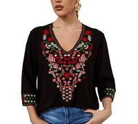 AK Women's Boho Embroidered Tops 3/4 Sleeve Mexican Peasant Shirts Bohemian Loose Tunic Blouses, Black-2, XL