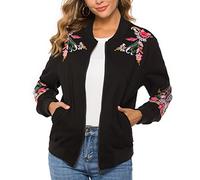 AK Women's Full Zip Long Sleeve Embroidered Sweatshirt Floral Boho Embroidered Mexican Hoodie Fall Winter Coat Tops Jackets, Black-2, S
