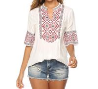 AK Women's Summer V Neck Boho Embroidered Mexican Shirts Short Sleeve Casual Tops Blouse, 073-white, M