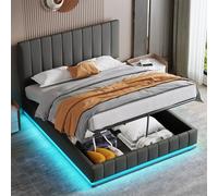 AKA 5ft King Ottoman Bed with LED PU Leather Upholstered Hydraulic Storage in Grey | Size: Double AKA Grey Double