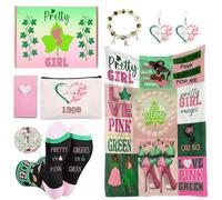 AKA Gifts for Women, 7pcs Gift Set for AKA Lovers, Pink and Green Throw Blanket, Sisterhood Present With Novelty Socks,Make Up Bag,Bracelets,Earrings,Stickers