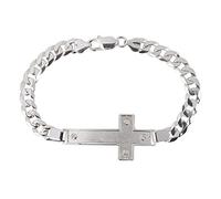 AKA Jewellery - Sterling Silver Rhodium Cross Bracelet for Men - Flat Cuban Curb Chain 7.6 mm - Sizes: 8.5" inch