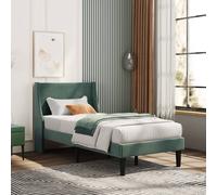 AKA Single Bed Soft Linen 3FT Upholstered Bed with Winged Headboard Wood Slat Support in Green AKA Green Single