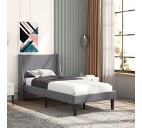 AKA Single Bed Soft Linen 3FT Upholstered Bed with Winged Headboard Wood Slat Support in Grey AKA Grey Single