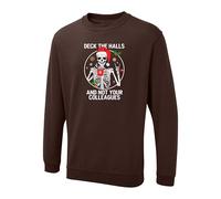AKA Textile Deck The Halls And Not Your Colleagues Printed Sweatshirt, Gift For Christmas Skeleton With Santa Hat Long Sleeve Crew Neck Sweatshirt (UK, Alpha, S, Regular, Regular, SM, Brown)