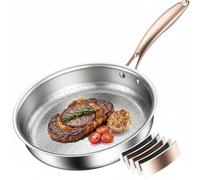 Akaice Titanium Stainless Steel Pan, 18/10 Stainless Steel Frying Pan, Uncoated with Rose Gold Handle, Texture Design, Induction Pan for All Hobs and Dishwashers, Free from PTFE, PFOA