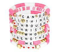 AKAIXI 8PCS Bible Stretch Clay Bead Bracelets with Inspiring Scriptures for Encouragement Friends Friendship Gifts, Pink Stacking Bracelets for Women Summer Beach and Pink Party Favors Accessories