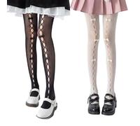 AKAMAS 2 Pairs Women's Bow Fishnet Stockings, Hollow Bow High Waist Tights, Lolita Lace Thigh Highs, Tight Fishnet Pantyhose Sexy Pantyhose, Black White,Girls Gift, One Size