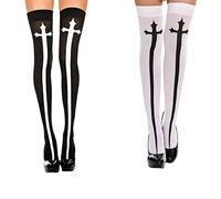 AKAMAS 2 Pairs Womens Classic Crucifixion Imprinted Pattern Thigh High Stockings,Classy Black White Over Knee Stocking,Sexy Nun Socks,Fashion Gothic Fancy Dress Cosplay Costume Stockings