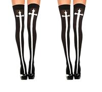 AKAMAS 2 Pairs Womens Classic Crucifixion Imprinted Pattern Thigh High Stockings,Classy Sexy Black Over Knee Stockings,Sexy Nun Socks,Fashion Gothic Fancy Dress Cosplay Costume Stockings