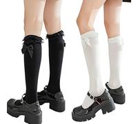 AKAMAS 2 Pairs Womens Cute Lace Frilly Bowknot Thigh High White Black Stockings,Pretty Ruffle Cotton Bow Knee High Socks,Sweet Breathable Lolita Dress Calf Socks,Classic Cosplay Long Crew Socks