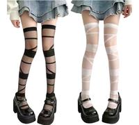 AKAMAS 2 Pairs Womens Sexy Bandage Pattern Long Thigh High Socks,Gothic Lolita Over the Knee Socks,Criss Cross Bandage Printed Nylon Knee High Stockings,Cosplay Party Accessories for Girls A