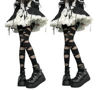 AKAMAS 2 Pairs Womens Soft Nylon Waist High Pantyhose,Semi-sheer Cross Bandage Pattern Thigh High Long Tights,Classic White Black Solid Color Pantyhose,Sweet Japanese Lolita Princess Tights