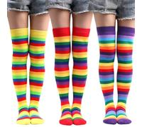 AKAMAS 3 Pairs Rainbow Socks, Over Knee High Colorful Socks for Women,Long Stripe Knee Thigh Boot Warm Stockings, Cotton Knee Highs Socks for Cosplay Daily Wear, Socks for Halloween Dress Up Party