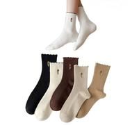 AKAMAS 5 Pairs of Women's Ruffled Socks Tulip Embroidery Mid-Calf Socks Flower Pattern Knitted Socks Warm Breathable Cotton Socks Wavy Edge Socks