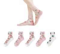 AKAMAS 5 Pairs Womens Breathable Summer Mesh Sheer Socks,Colourful Pink Peach Fruit Pattern Transparent Socks,Ultra-thin Lace Crew Socks,Girls See Through Ankle Socks Casual Socks,Nylon Stockings