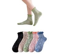 AKAMAS 5 Pairs Womens Comfortable Cotton Ankle Socks,Cute Colorful Ruffle Frilly Low Cut Socks,Vintage Flower Pattern Flounce Short Socks,Elegant Dress Socks,Causal Invisible Socks