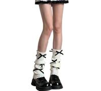 AKAMAS Womens Girls Knitted Leg Warmers,Long Boot Cuff Knee Socks for Ballet Dance Skating,Warm Legwarmers with bows,Cute Knee High Leg Covers,Grey White Long Crochet Leg Sleeve,Loose Socks B