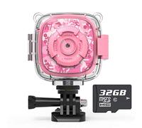 AKAMATE Kids Action Camera Waterproof Video Digital Children Cam 1080P HD Sports Camera Camcorder for Boys Girls, Build-in 4Games, 32GB SD Card (Pink)