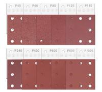 Akamino 100 Pcs 110x115mm Sander Pads Sanding Sheets, 8 Hole Hook and Loop Sanding Pads 40/60/80/120/240/400/600/800 Grit Assortment Palm Detail Sand paper for Electric Sander Polishing Rinding